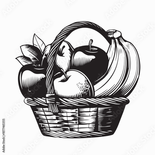 Fruit Basket With Apples, Bananas and Oranges Image Vector on white Background