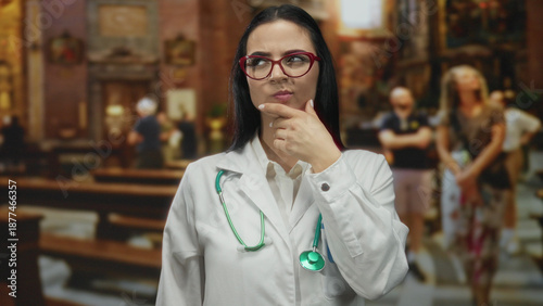 Φωτογραφία Hispanic woman doctor with stethoscope in a church pondering an idea, wearing glasses and white uniform, surrounded by churchgoers in an indoor setting