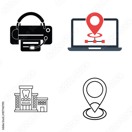 Modern technology and dental clinic locations isolated on white background