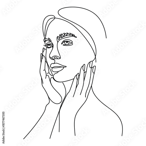Minimalist contour vector drawing of young woman holding her cheeks with hands on transparent background for beauty advertisement