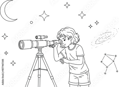 Young astronomer happily gazes through a telescope at the moon stars and distant spiral galaxy in this detailed black and white illustration