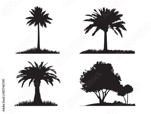 A gorgeous set of four dynamic black tropical palm grove silhouette icons