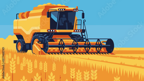 An autonomous harvester works in a golden wheat field. Modern illustration style, vibrant colors, showcasing agricultural technology. Perfect for business and farming themes.
