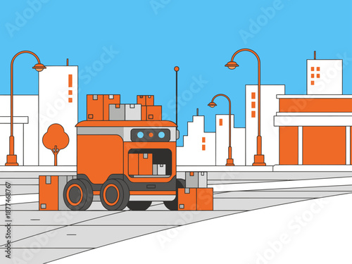 A delivery robot navigates a city sidewalk, transporting packages. Modern, vector illustration. Ideal for logistics and technology concepts.
