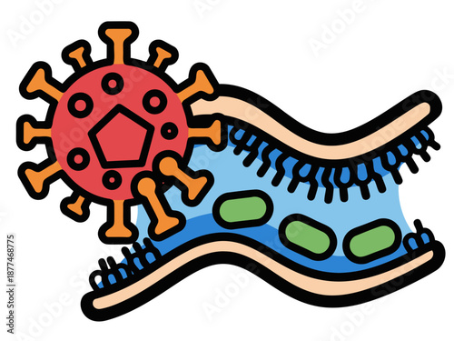 Colorful illustration depicts a virus infecting a cell. Vibrant, detailed, and informative diagram for educational purposes. Suitable for science, health, and biology themes.