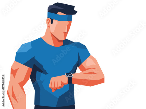 A muscular man wearing a blue shirt and watch monitors protein intake via a fitness nutrition app. Modern, vibrant illustration. Ideal for health & fitness marketing.