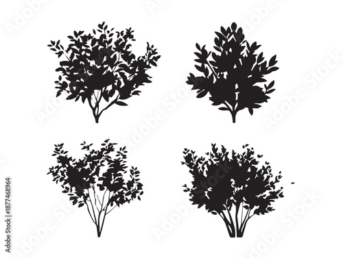A stunning set of four simple black shrub silhouette vector icons