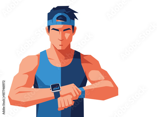A muscular man wearing a smartwatch monitors his fitness nutrition. Modern, vibrant illustration promoting a health and wellness app. Clean design, dynamic pose.