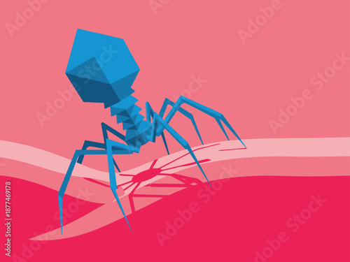A stylized bacteriophage docks onto a bacteria cell, showcasing phage docking. Bold colors and geometric design create a modern, scientific illustration.
