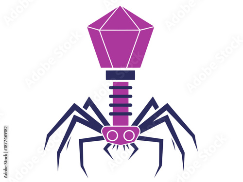 Stylized bacteriophage virus icon. Bold purple and white design. Modern, graphic pathogen illustration. Suitable for science, health, and technology themes.
