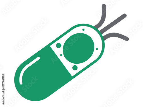 A stylized green bacteria cell icon with a capsule shape and flagella. Clean, modern design for microbiology and biology themes. Suitable for commercial use.