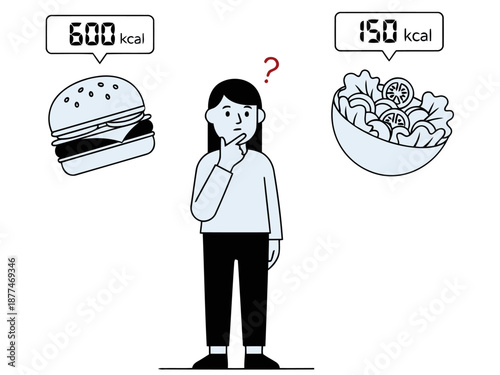 A woman contemplates a food choice: a burger (600 kcal) versus a salad (150 kcal).  A clear calorie tracker highlights the difference.  Modern, minimalist illustration.