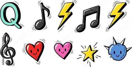 Vibrant energetic hand drawn pop art symbols music love lightning and happy characters.eps