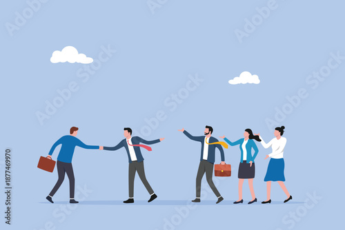 Bilde på lerret Businessman manager handshake welcome and introduce new staff to team, orientation training on first day concept, onboarding new employee, warm welcome to new office, introduce new hire to colleagues