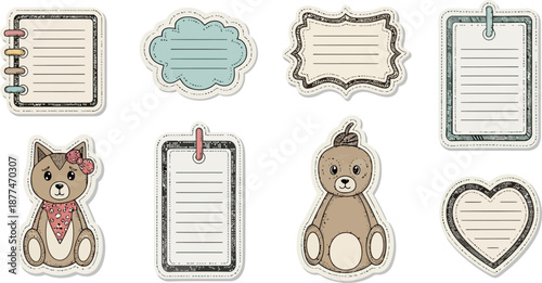 Adorable Vintage Doodle Stickers with Cute Animals and Notepads.eps