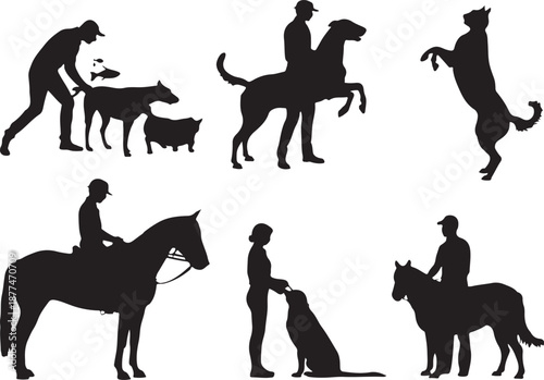 Silhouettes of People with Dogs and Horses in Various Poses