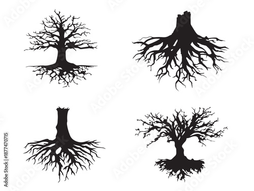 A gorgeous set of four simple black tree root silhouette vector icons