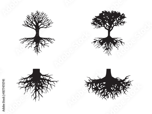 A stunning collection of four elegant solid black intricate root silhouette icons