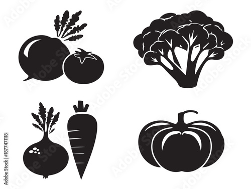 A simple set of four beautiful black fresh vegetable silhouette vector icons
