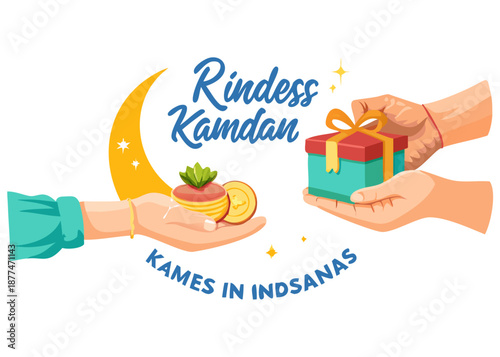 Vector concept of charity showing hands giving a gift box and coins to another hand, surrounded by crescent icons, "Kindness in Ramadan"