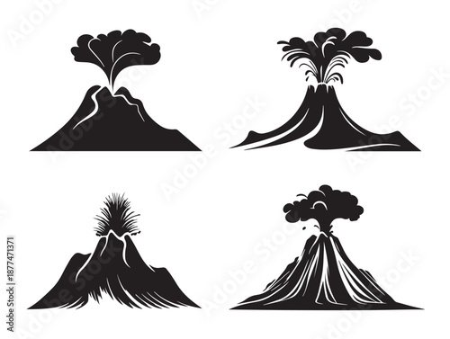 A stunning set of four simple black erupting volcano silhouette vector icons