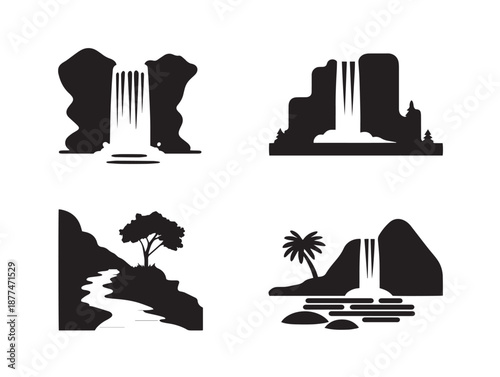 A gorgeous set of four elegant black nature waterfall vector illustrations