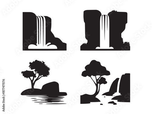 A stunning collection of four solid black scenic waterfall silhouette graphics
