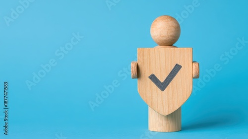 Building trust with wooden figure holding badge of credibility in business environment