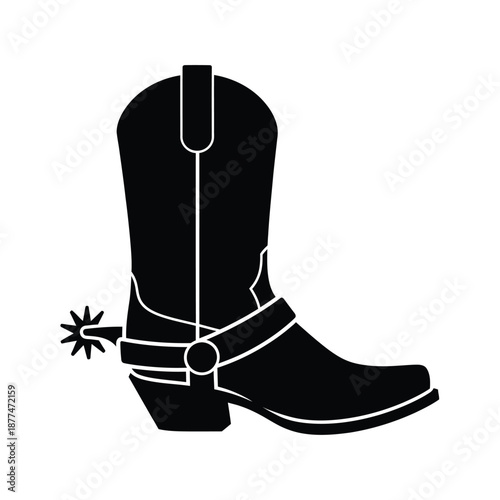 Cowboy boot silhouette with spur and decorative strap on a white background. EPS 10.