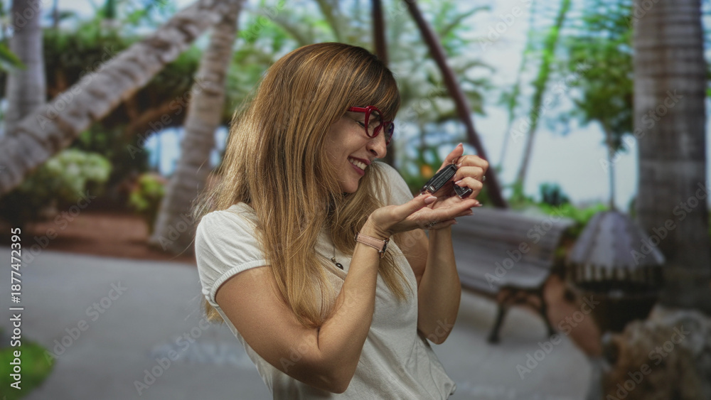 Fototapeta premium Woman holding car key with hands cupped and smiling on a bench in a forest park, near palm trees and path; joy discovery.
