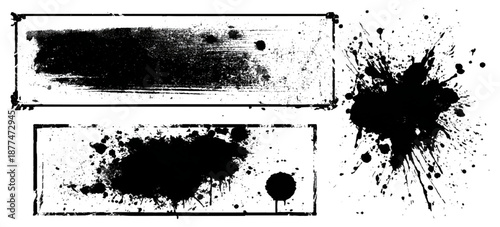 Abstract black ink paint grunge brush stroke border set background. grungy rough brushstrokes splatter stains dirty textured and transparent background vector collection.