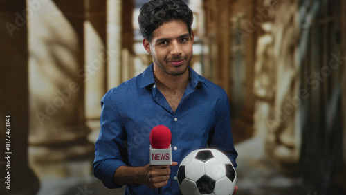 Obraz na plátně Man holding a news microphone with red windscreen and a soccer ball in a historic building corridor, smiling while holding both objects; sports reporting confidence