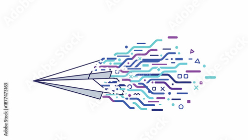 Digital illustration of a pen nib emitting colorful circuit board lines and symbols against a white background.