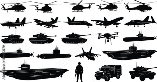 Military vehicle silhouette set, helicopters jets tanks submarines aircraft carrier drones armored vehicles soldier icons isolated white background, vector illustration