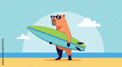 Cool capybara character wearing dark sunglasses while carrying a blue and green surfboard on a sunny beach with ocean waves.