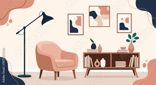 Stylish modern living room interior in warm earth tones featuring an armchair console lamp and abstract wall art.