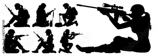 Kneeling Female Soldier Silhouettes with Sniper Rifles and Tactical Gear on Transparent Background