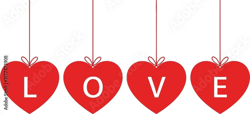 Four red heart shapes spelling out the word love hanging on strings