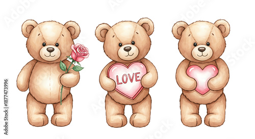 Brown teddy bears holding heart and rose, isolated on transparent background