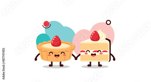 A delightful and cute cartoon illustration depicts a smiling strawberry tart and a slice of strawberry cake holding hands, celebrating friendship and sweet treats on a clean white background.