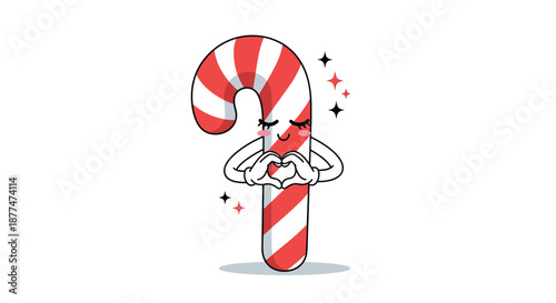 A charming and sweet striped candy cane character with a happy facial expression makes a heart shape with its hands, evoking feelings of love and holiday cheer.