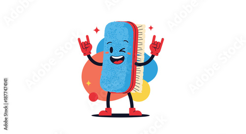 A cheerful, winking blue cleaning brush cartoon character, complete with red gloves making 'rock on' hand gestures and vibrant background shapes, symbolizes fun and effective cleaning.