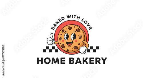 A cheerful retro cartoon cookie character giving a thumbs up, surrounded by \.