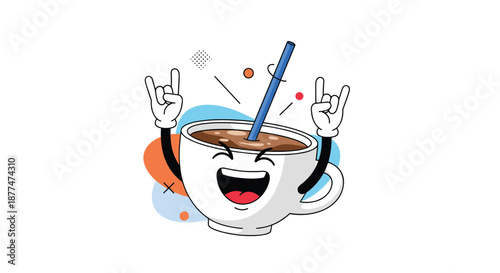 An energetic and happy cartoon coffee mug character with arms doing rock-on signs, holding a straw, and surrounded by colorful abstract elements.