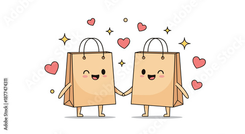 Two adorable cartoon brown paper shopping bags with smiling faces, arms, and legs are holding hands, surrounded by floating hearts and sparkling stars, symbolizing love and friendship.