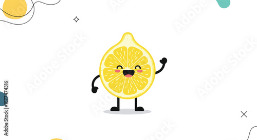 A delightful and cheerful cartoon half-lemon character with a beaming smile and rosy cheeks, playfully waving a hand, stands against a clean white background with abstract shapes.