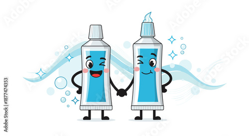 Two happy cartoon toothpaste tubes, one capped and one dispensing paste, holding hands amidst refreshing blue waves and sparkling bubbles, symbolizing fresh breath and friendly dental care.