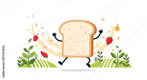 An energetic, anthropomorphic slice of bread joyfully runs and jumps through green fields, surrounded by fresh strawberries and wholesome oats, representing a healthy and active start to the day.