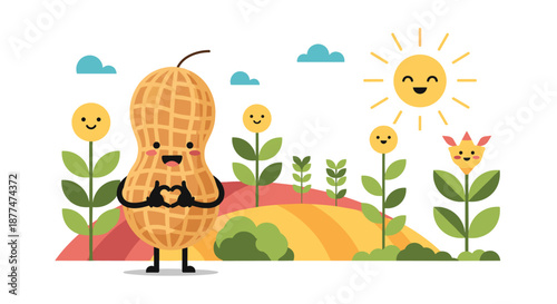 An adorable cartoon peanut character with a heart gesture stands in a vibrant field, surrounded by smiling flowers, a happy sun, and gentle clouds, symbolizing nature and joy.