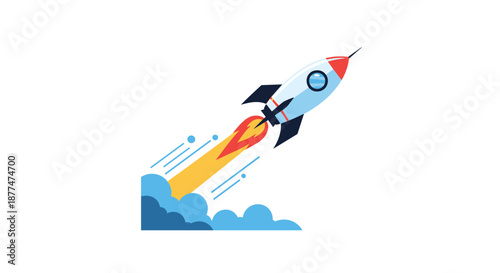 Illustration of a white and blue cartoon rocket ship launching into space with a bright yellow and orange flame trail.